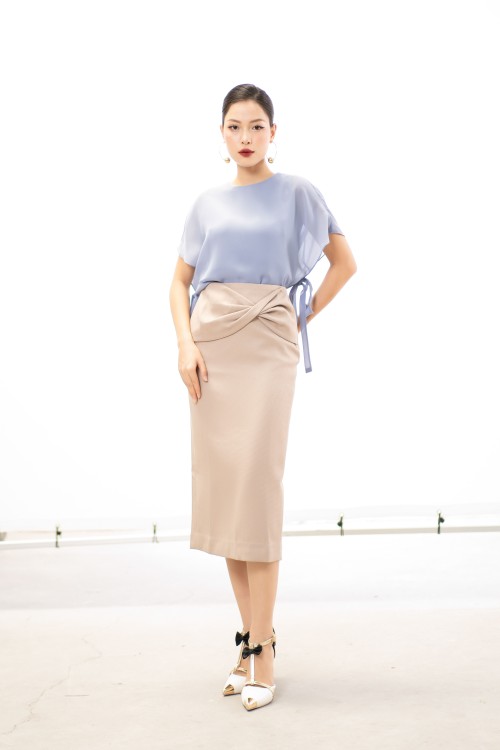 Sixdo Brownish Beige Midi Raw Skirt